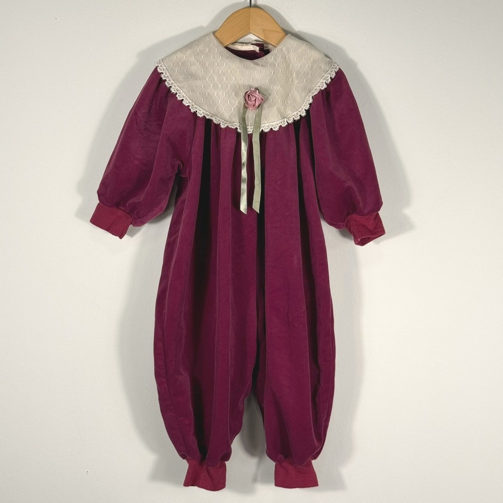 Vintage BB Club Baby Girl Burgundy Velvet Romper Lace Collar Rose 18M Canada